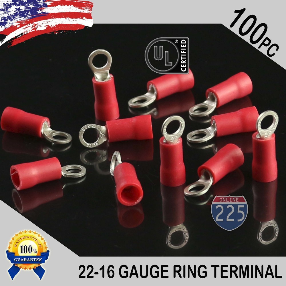 100 PACK 22-16 Gauge #6 Stud Insulated Vinyl Ring Terminals 100% Tin Copper Core