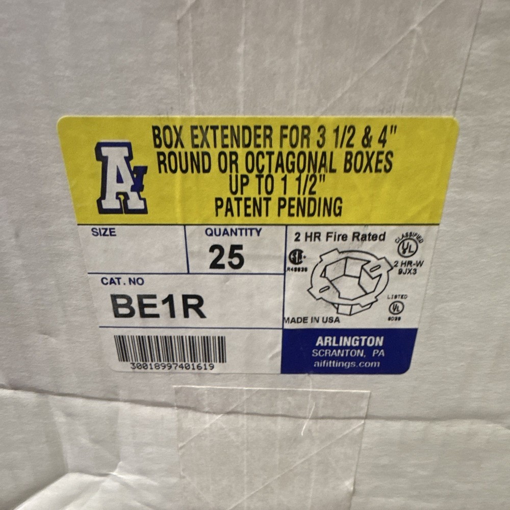 Arlington BE1R Box Extender 3-1/2″ & 4″ Round/Octagon 2hr FR White 25