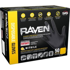 SAS Safety, Raven Gloves 50 Packs 7Mil PF Exam Textured, Size L, Color Black,