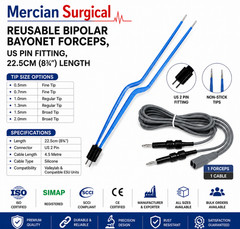 2PCS Bayonet Bipolar Forceps Set w/ 2 Cables US 2 Pin Non-Stick 22.5cm 0.5-2.0mm