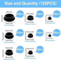125-Piece Black Rubber Plug Set for Round Holes in Automotive and Furniture