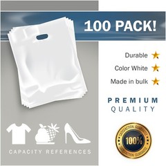 100 Pack 12″ x 15″with 1.5 mil Thick – White Merchandise Plastic Shopping Bags