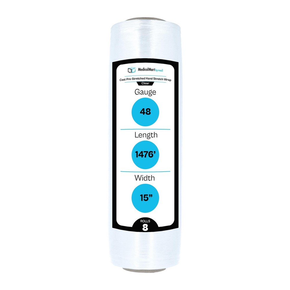 8 Rolls 15″ x 1476′ 48 Gauge Lightweight Pre-Stretch Hand Shrink Wrap Clear