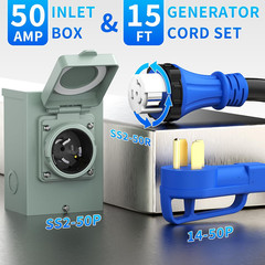 50 Amp Power Inlet Box and 15FT Generator Cord, 125V/250V Emergency Power Combo