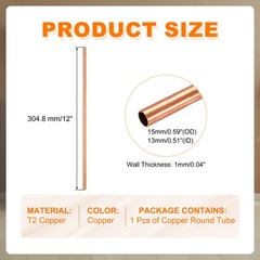 15mm OD 1mm Wall Thickness 300mm Length Copper Round Tube Straight Pipe Tubing