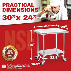 30X24 NSF Stainless Steel Cart Work Table – Heavy Duty Rolling Food Prep Table –