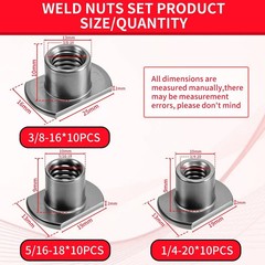 30Pcs Weld Nuts Set,T-Shaped Weld Nuts Kit,3/8 in,5/16 in,1/4 in Tab Base UNC Ca