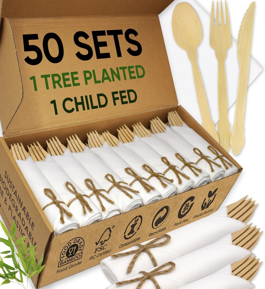 Ecopreps Luxury Pre-Rolled Napkin And Bamboo Cutlery Set 50 Pack 200 Pcs 100