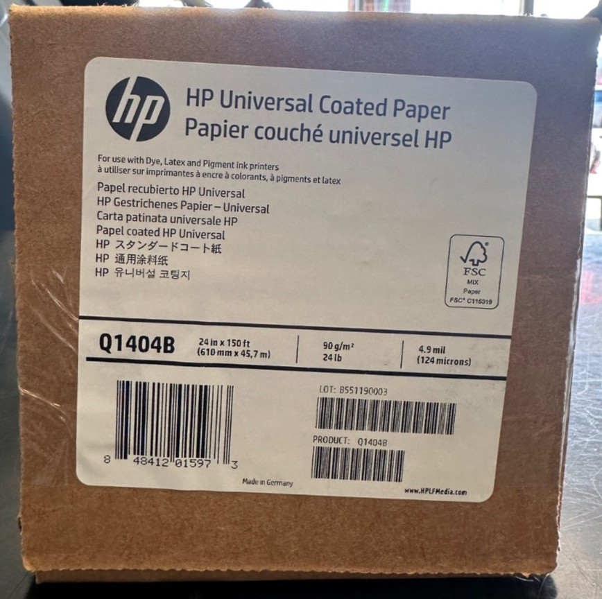 HP Universal Inkjet Print Coated Paper 24″x150′ Matte 89 Brightness Q1404B