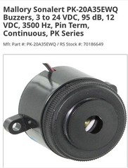 80 Mallory Sonalert PK-20A35EWQ Buzzers, 3 to 24 VDC 95 dB 12 VDC 3500 Hz Pin