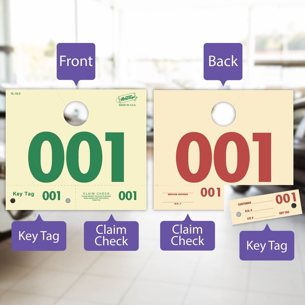 1000 Automotive Service Dispatch Mirror Hang Tags Numbered Series RL78