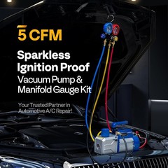 1/2HP 5CFM Dual Stage HVAC Air Vacuum Pump AC Manifold Gauge Set Sparkless Motor