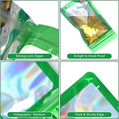 100 Pack Dark Green Holographic Ziplock Bags Resealable Sealable Packaging Bag