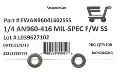 (100) 1/4 AN960-416 Mil-Spec Washers Stainless Steel AN960416 (100 Pieces)