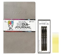 Dina Wakley 7.5″x12″ Printed Media Journal Ledger w/3 Black Letter It Fineliners