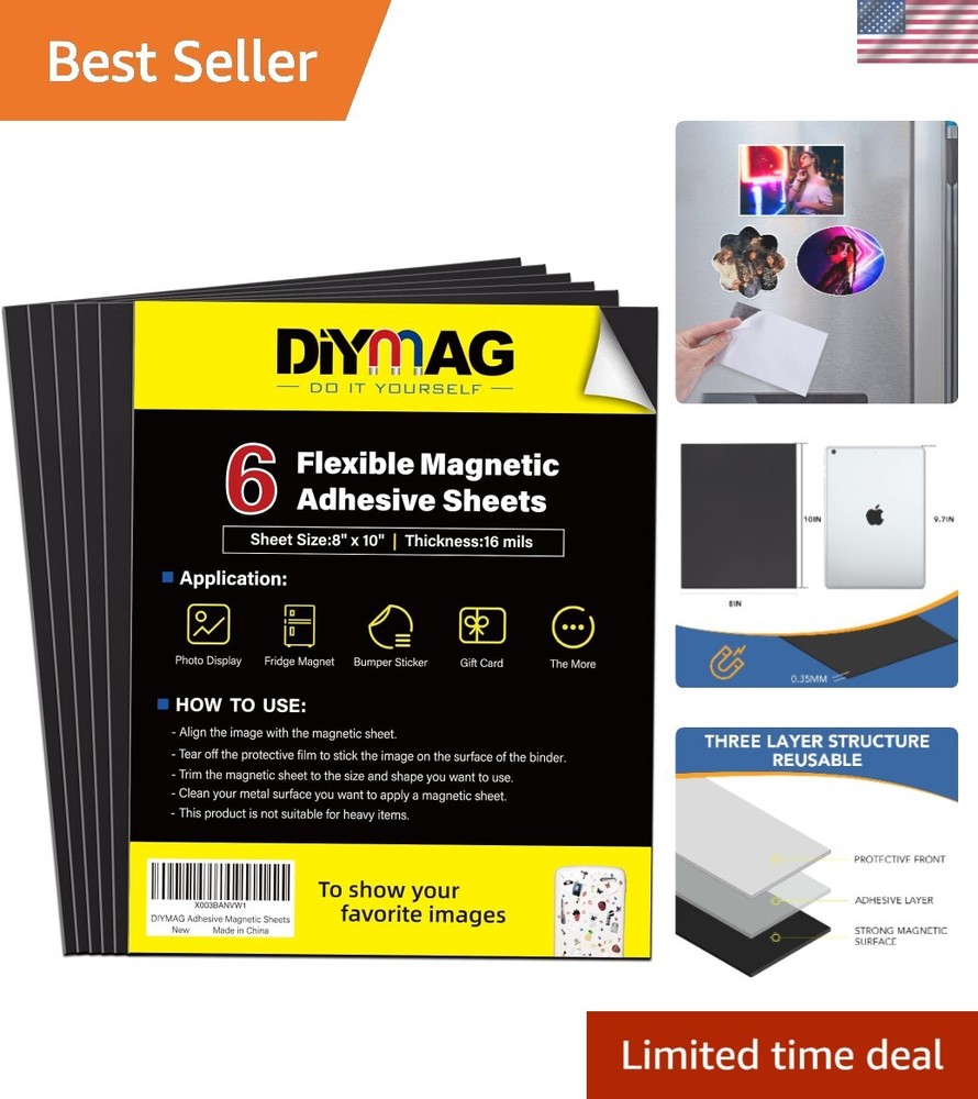 Versatile 8″ x 10″ Flexible Magnetic Sheets with Adhesive Backing – 6 Pack