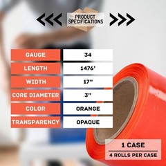 Orange Color Shrink Wrap 17″ x 1476′ Pre-Stretch Hand Film 4 Rolls