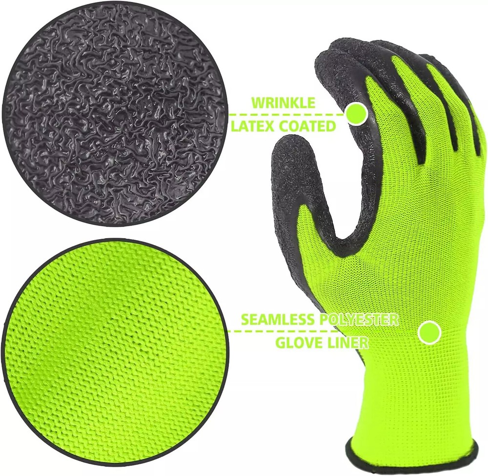 8 Pairs Crinkle Latex Rubber Coated Breathable Safety Work Gloves – Green