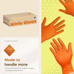 Orange Nitrile Gloves 8 Mil Medium Disposable Diamond Texture Heavy Duty