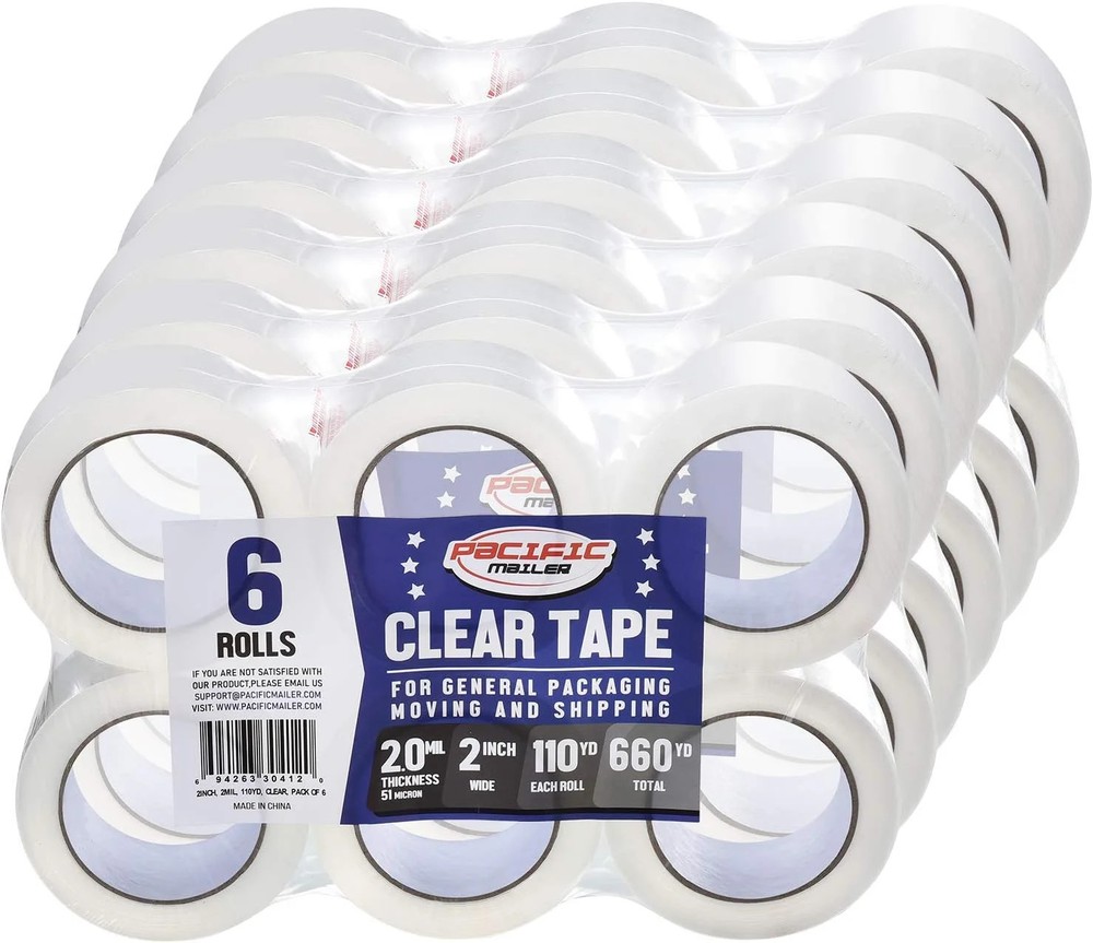 Pacific Mailer Clear Packing Tape, 2 Inch Wide, 2.0mil Thickness, 110 Yard Per R