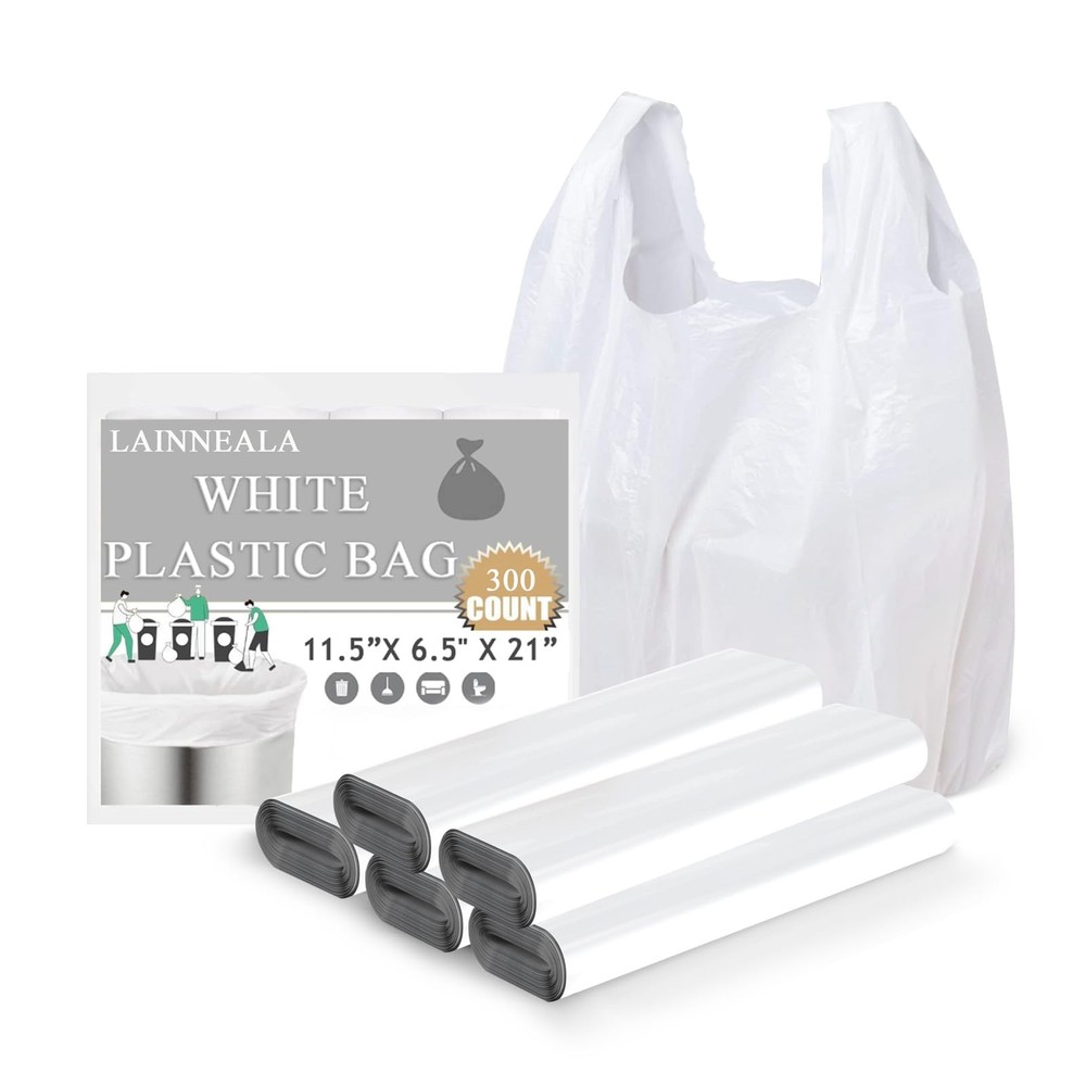 300 Count Plastic T Shirt Grocery Bags with Handles White