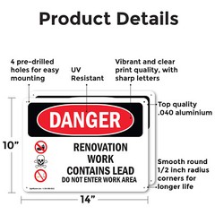 (2 Pack) Renovation Work Contains Lead Do Not Enter OSHA Danger Sign Decal Metal