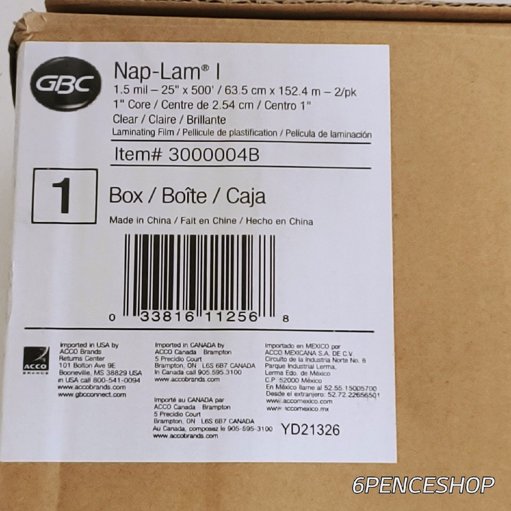 [2-Pack] GBC Nap-Lam 1.5 mil Thermal Laminating Roll Film 25″ x 500 ft, 1″ Core