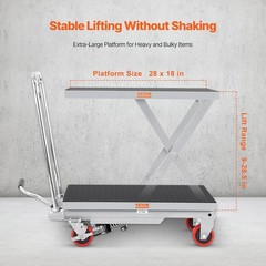 500 lbs Hydraulic Lift Table Cart – 28.5 Inch Manual Scissor Lift with Wheels