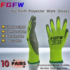 10 Pairs PU Coated Work Gloves – Lightweight, Durable Safety Gloves Certified