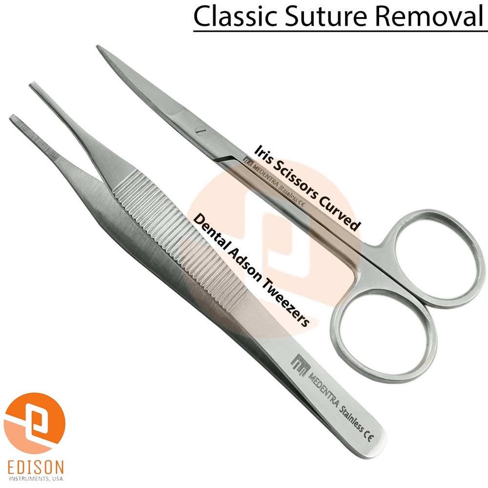 2Pcs Kit Classic Suture Removal Surgical Instrument Adson Tweezers Iris Scissors
