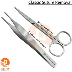 2Pcs Kit Classic Suture Removal Surgical Instrument Adson Tweezers Iris Scissors