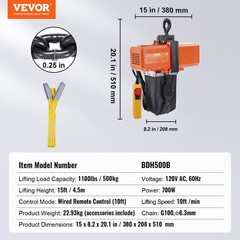 VEVOR Electric Chain Hoist Single Phase Crane Hoist 1100 lbs Load 15 ft Lifting