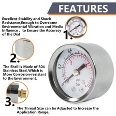 1/8INCH NPT Pressure Gauge 0-15 PSI w/3/8IN Back Mount 1.5IN Face Diameter