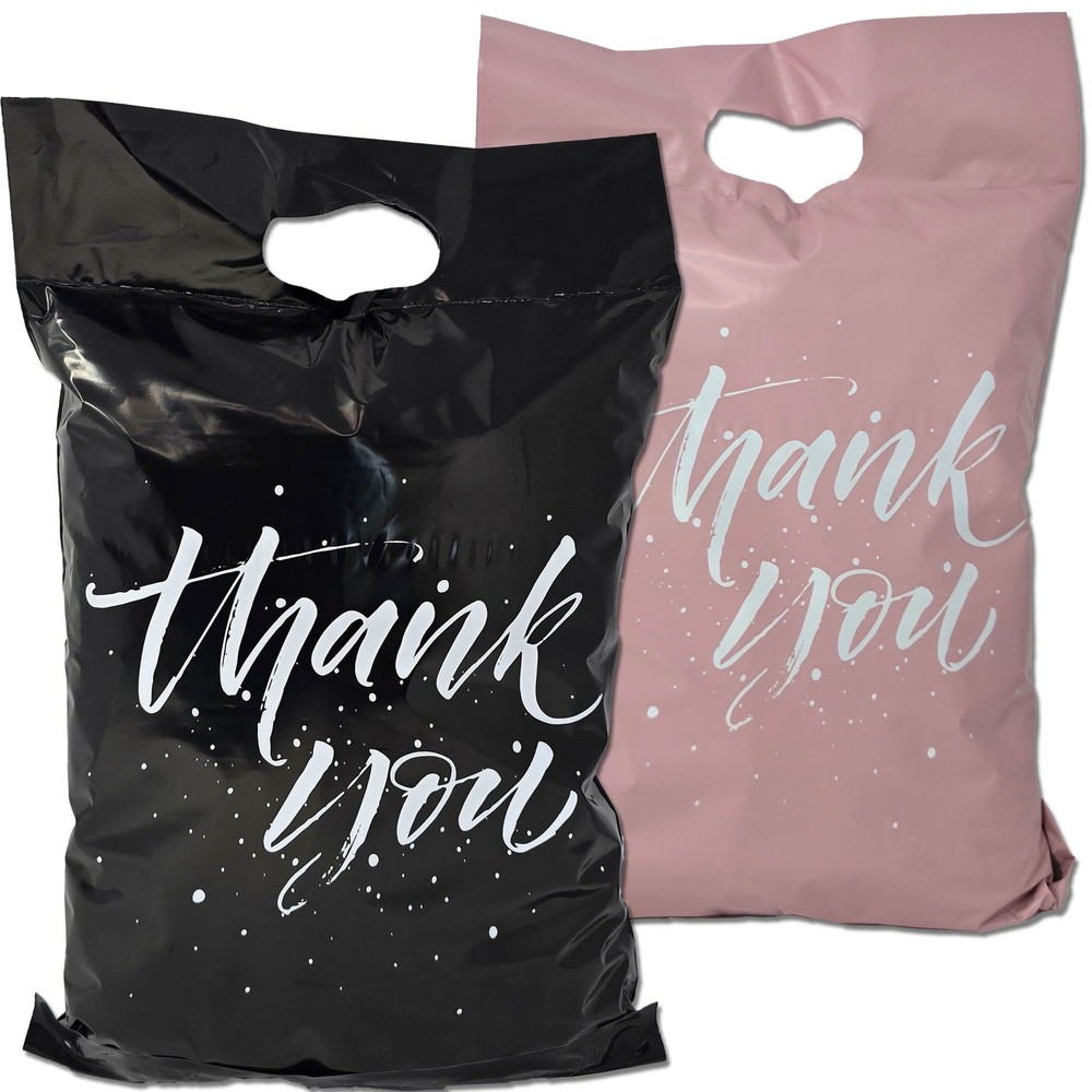 10×13 Thank You Poly Mailers with Handles – Black & Pink Merchandise Shopping Ba