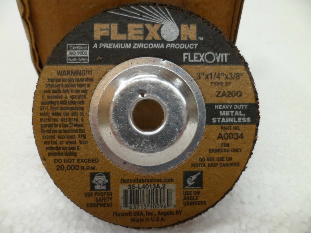 FLEXON FLEXOVIT A0034 GRINDING WHEEL TYPE 27 3″ DIA x 1/4″x 3/8″ LOT OF 20 NOS