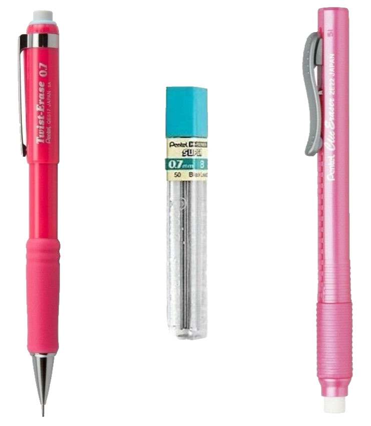 Pentel Twist-Erase III Mech Pencil Kit 0.7mm Pink Lead Clic Eraser School Office