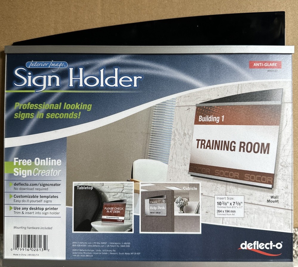 Deflecto Anti-Glare Sign Holder Side Load, Clear. Tabletop Or Wall Mount. NEW