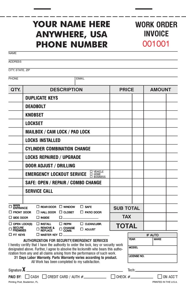 (10) Locksmith Work Order / Invoice Books w/Numbering 50 2-part sets per book