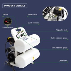 5 Gal Ultra Quiet Oil-Free Air Compressor 115 PSI MAX Pressure 65 dB 1 PH 110V