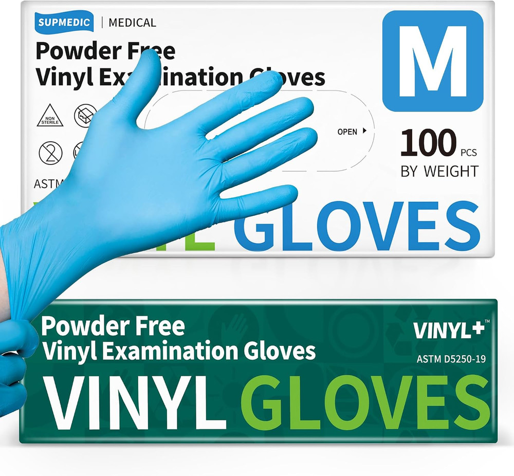 Supmedic Vinyl Disposable Exam Gloves, 4Mil Powder-Free Latex-Free Food Grade Co