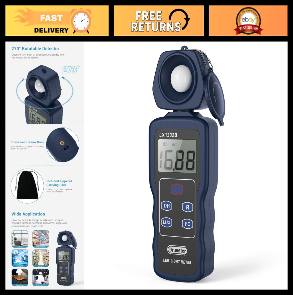 Professional LED Light Meter – Digital Illuminance Meter 0-200,000 Lux Range, 27