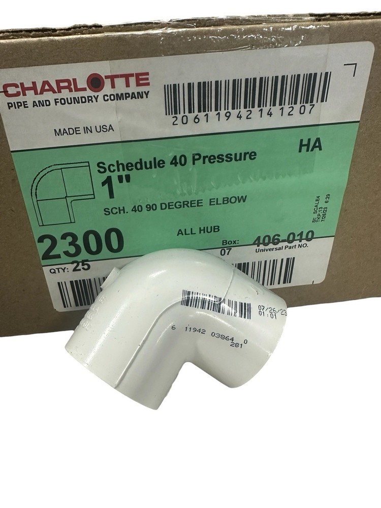 Charlotte Pipe 406-010, PVC Schedule 40 Pressure, 1″ 90 Degree Elbow Lot of 25