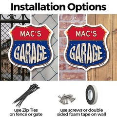 Mac’s Garage Shield Shaped Sign Weather Resistant Crafted in the USA