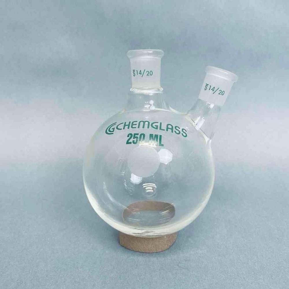 Chemglass Round Bottom Flask 2 Neck 250 ml 14/20 Joints Angled Neck