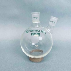 Chemglass Round Bottom Flask 2 Neck 250 ml 14/20 Joints Angled Neck