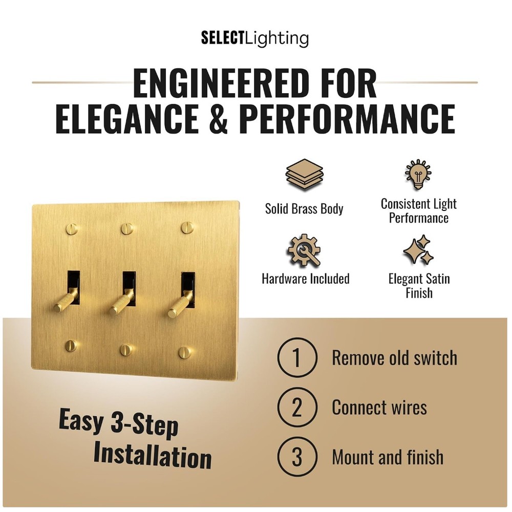 Solid Brass 3-Gang Toggle Switch – Satin Brass Finish