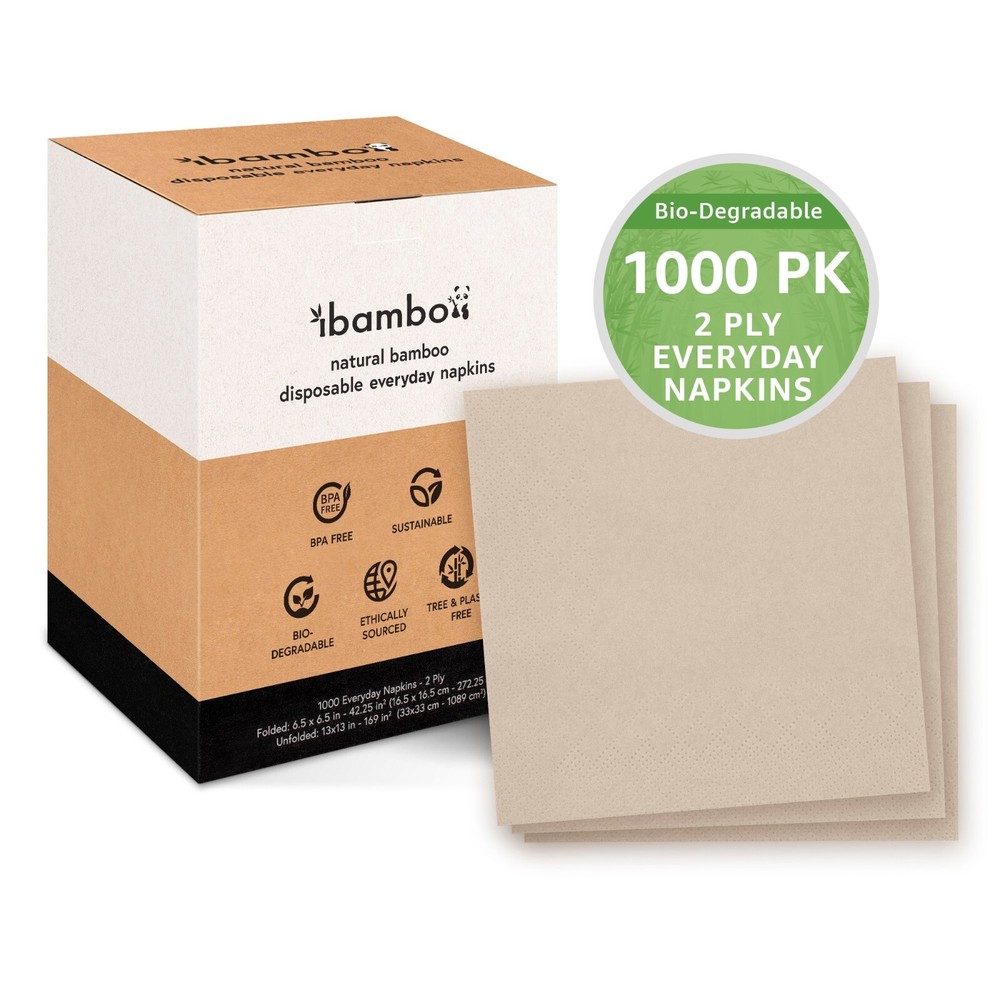 Ibambo Bamboo Everyday Napkins – 1000 Pack, 2-Ply, Compostable Dinner Napkins