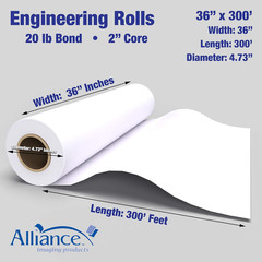Alliance Wide Format Paper CAD Bond Rolls (20Lb | 2 Rolls, 36 in X 300 Ft | 2″ C