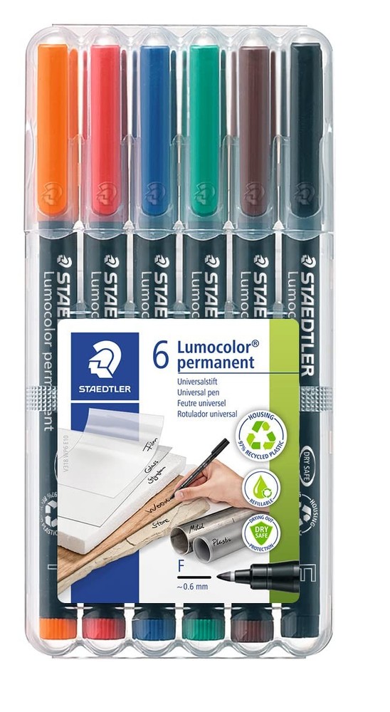 STAEDTLER Lumocolor Universal Pen Fine Felt Tip Permanent Marker Box of 6 Ass…