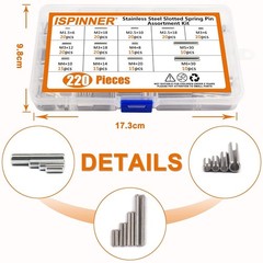 220pcs Roll Pin Set, Stainless Steel Slotted Spring Pin Assortment Kit M1.5 M2